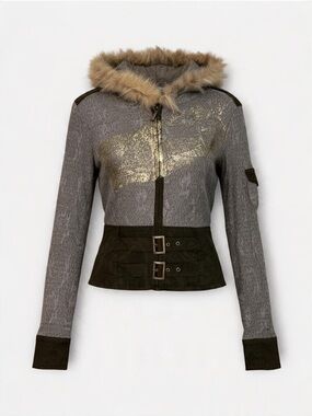 LUCY PARIS METALLIC TWEED FUR-HOOD MOTO JACKET